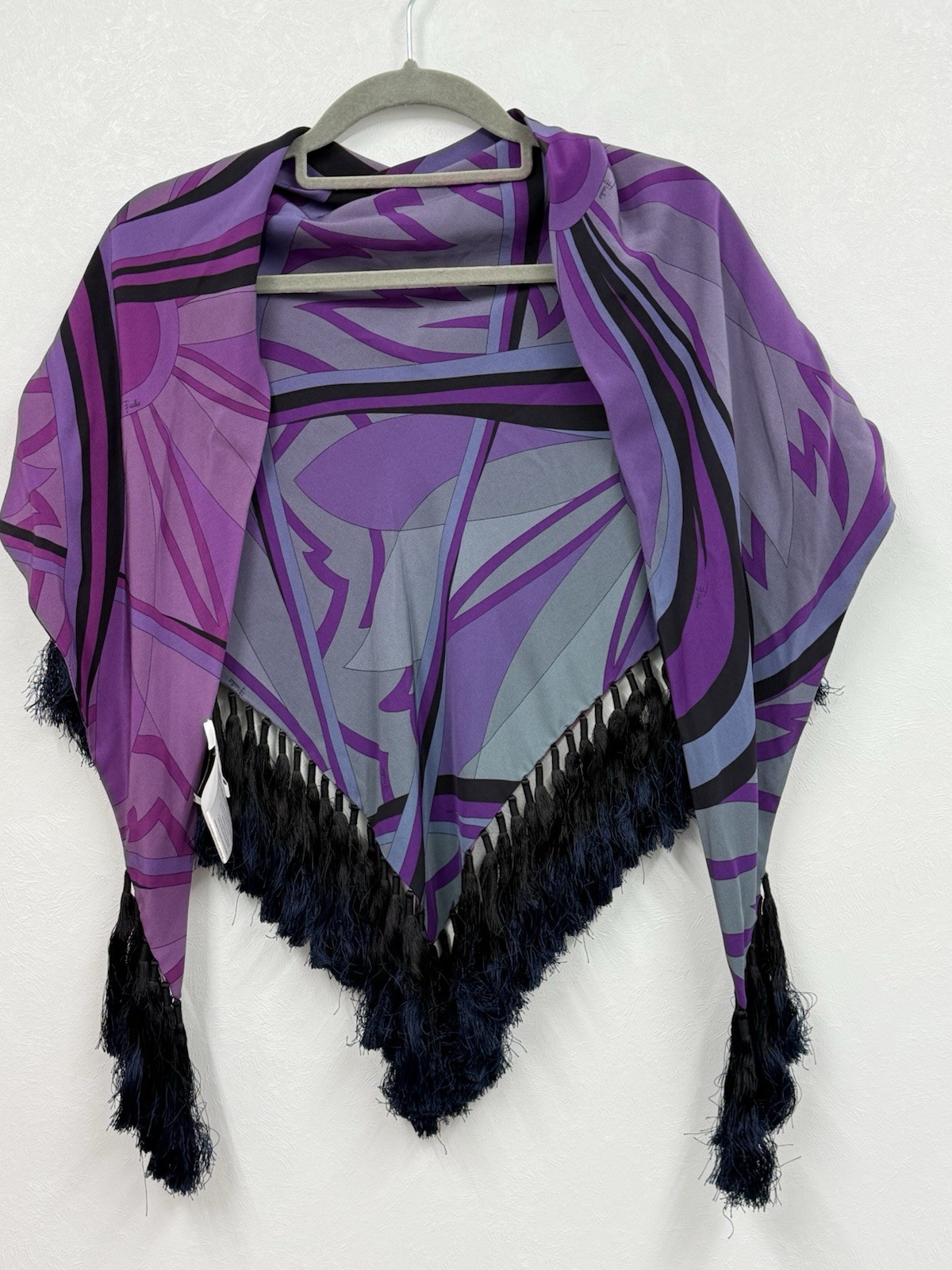 Emilio Pucci Silk Fringe Signature Print Scarf Shawl Wrap Purple Black image 4