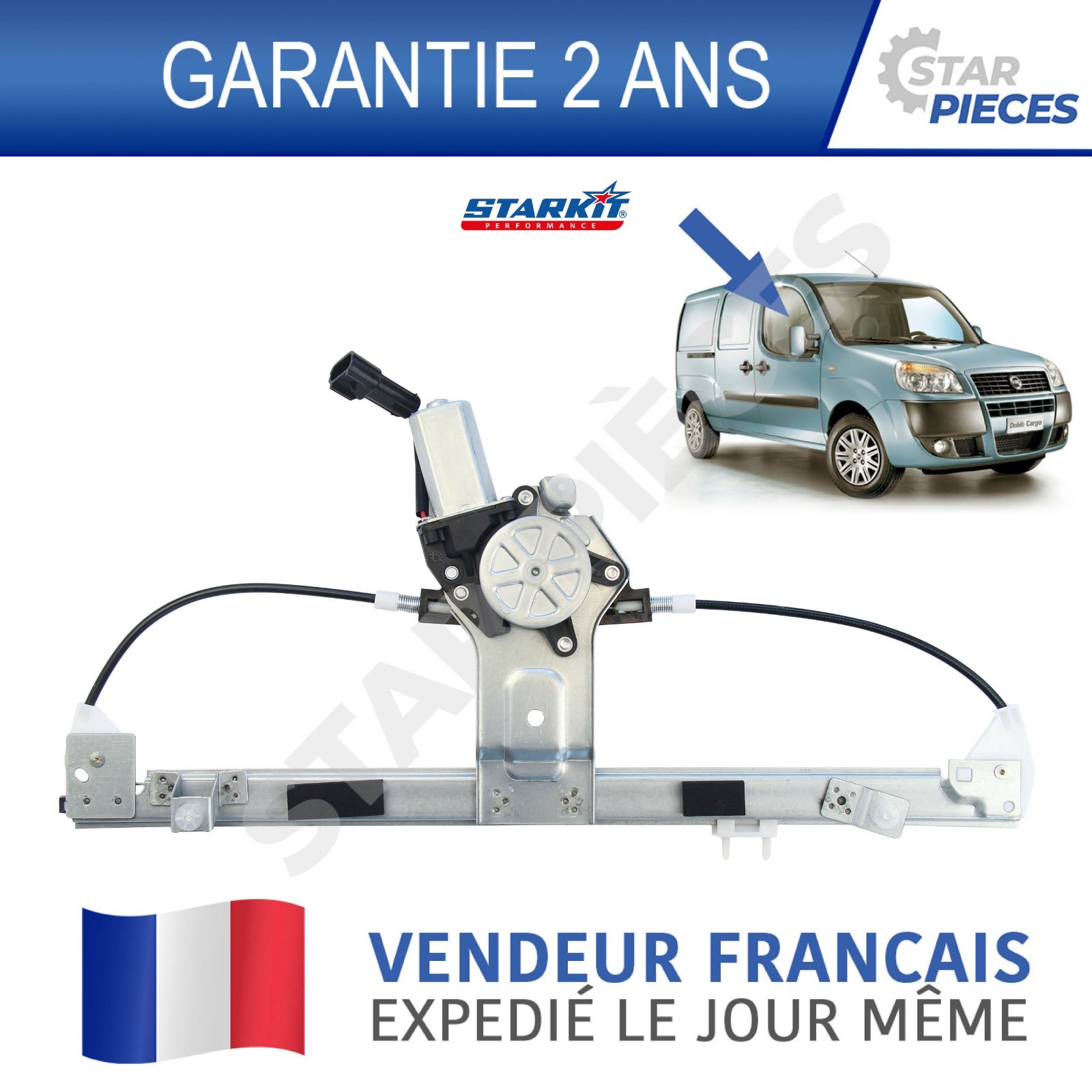 Mécanisme lève-vitre avant droit à moteur puissant et silencieux pour Fiat Doblo