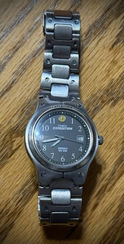 Vintage Timex Expedition Watch Men Silver Tone Indiglo 50M Date Black Dial