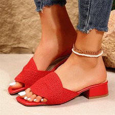 Women's Knit Mesh Slip On Block Heeled Mule Sandals Square Toe Summer Slides
