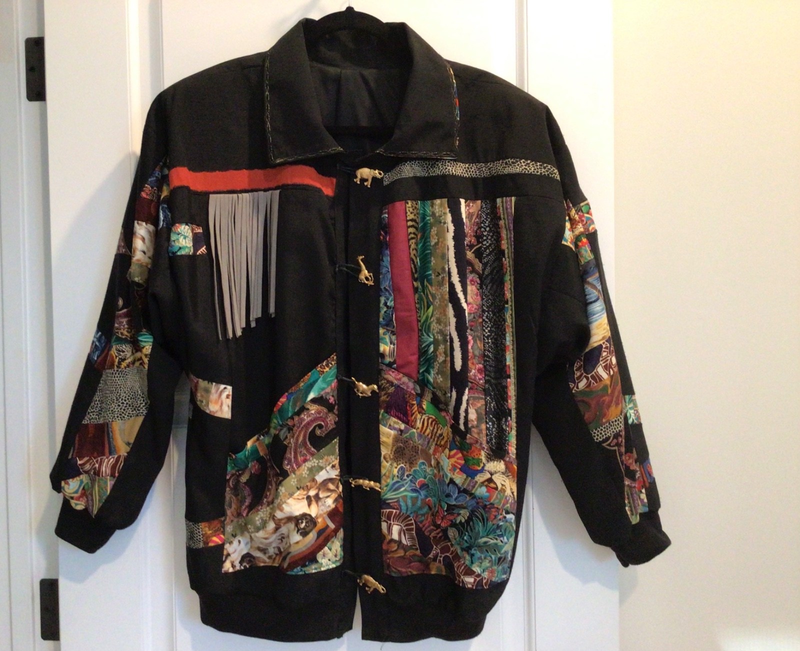 Unique Artsy Jacket Animal Print Patchwork Fringe… - image 3