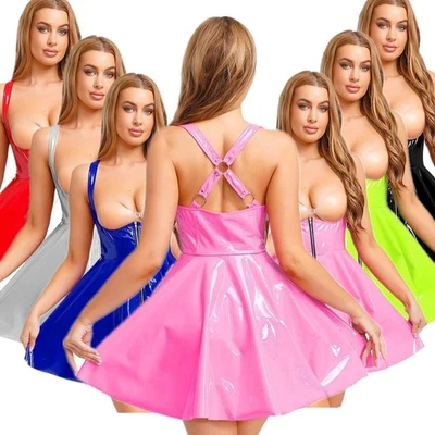 Damen Kostüm Halloween Röcke Tanzen Kleid Patentleder Glänzend Raves A-Linie PU - Bild 1 von 4