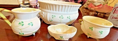 Vintage Belleek Kleeblatt Irland Porzellan 4 Teile Schüssel Zuckerdose Salzkeller - Bild 1 von 4