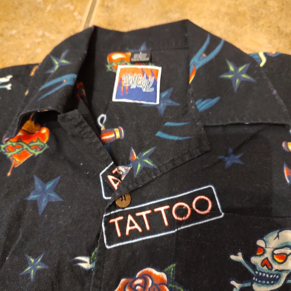 DemCrazy Shirt Men's Sz L Black Button Up Shirt Tattoos Ed Hardy Print - Image 2 of 4