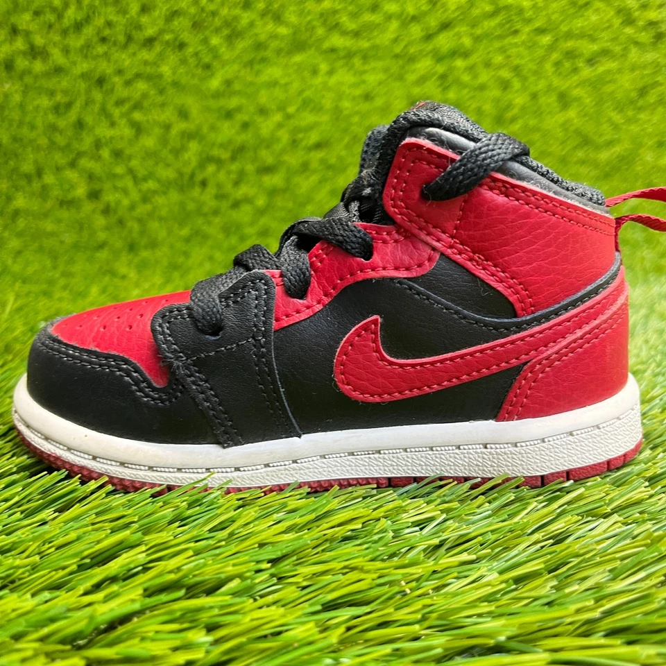 Nike Air Jordan 1 Mid Toddler Size 7C Red Black Athletic Leather Shoes Sneakers - Image 2 of 4