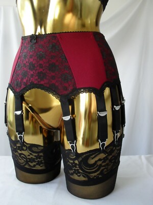 XL 14 Strap Burgundy Red Lycra Black Lace Designer Retro Sexy Suspender Belt