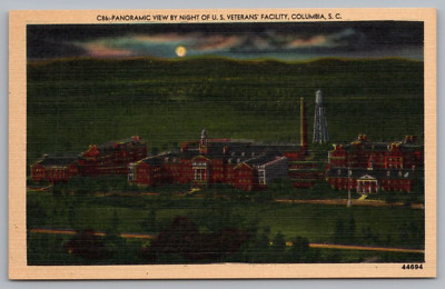 Postcard Panoramic View by Night of U S Veterans Facility Columbia S C Linen