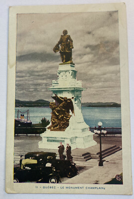 Vintage Postcard c1952 ~ Le Monument Champlain, Automobiles ~ Quebec Canada
