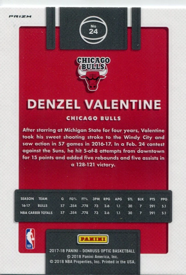 2017-18 OPTIC PRIZMS PURPLE DENZEL VALENTINE CHICAGO BULLS PRIZM PARALLELS CL876 - Image 2 of 2