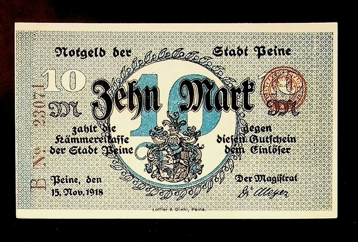 1919 Germany PEINE 10 Mark Banknote