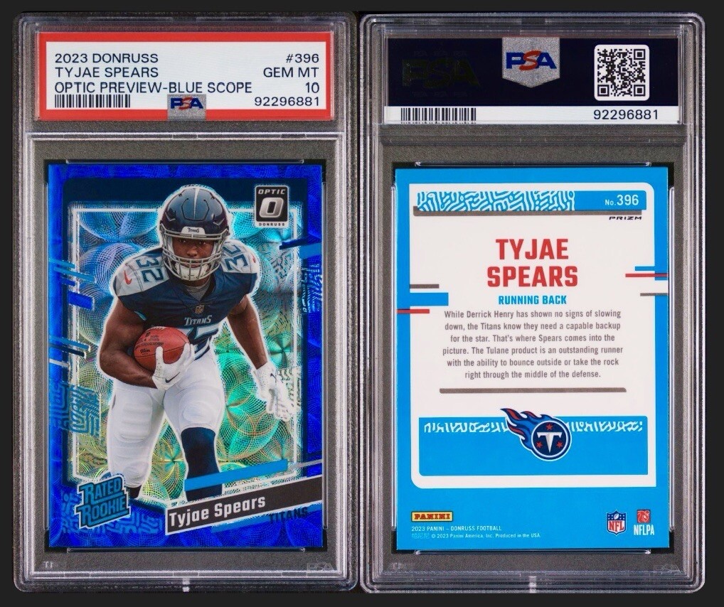 PSA 10🔥2023 DONRUSS OPTIC TYJAE SPEARS PREVIEW BLUE SCOPE ROOKIE #396 RC GEM MT