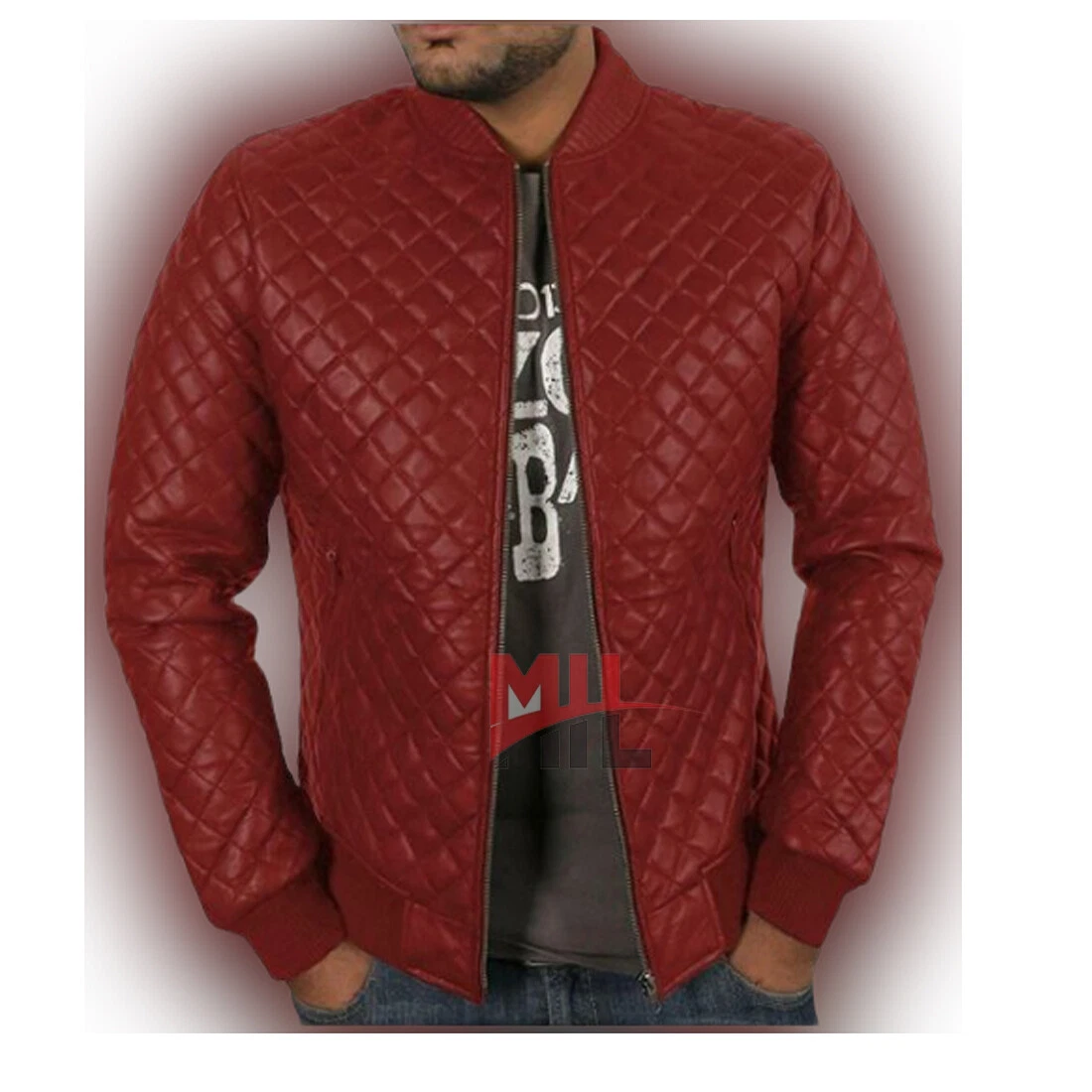 Handmade Men's Red Quilted Genuine Leather Bomber Casual Stylish Biker Jacket