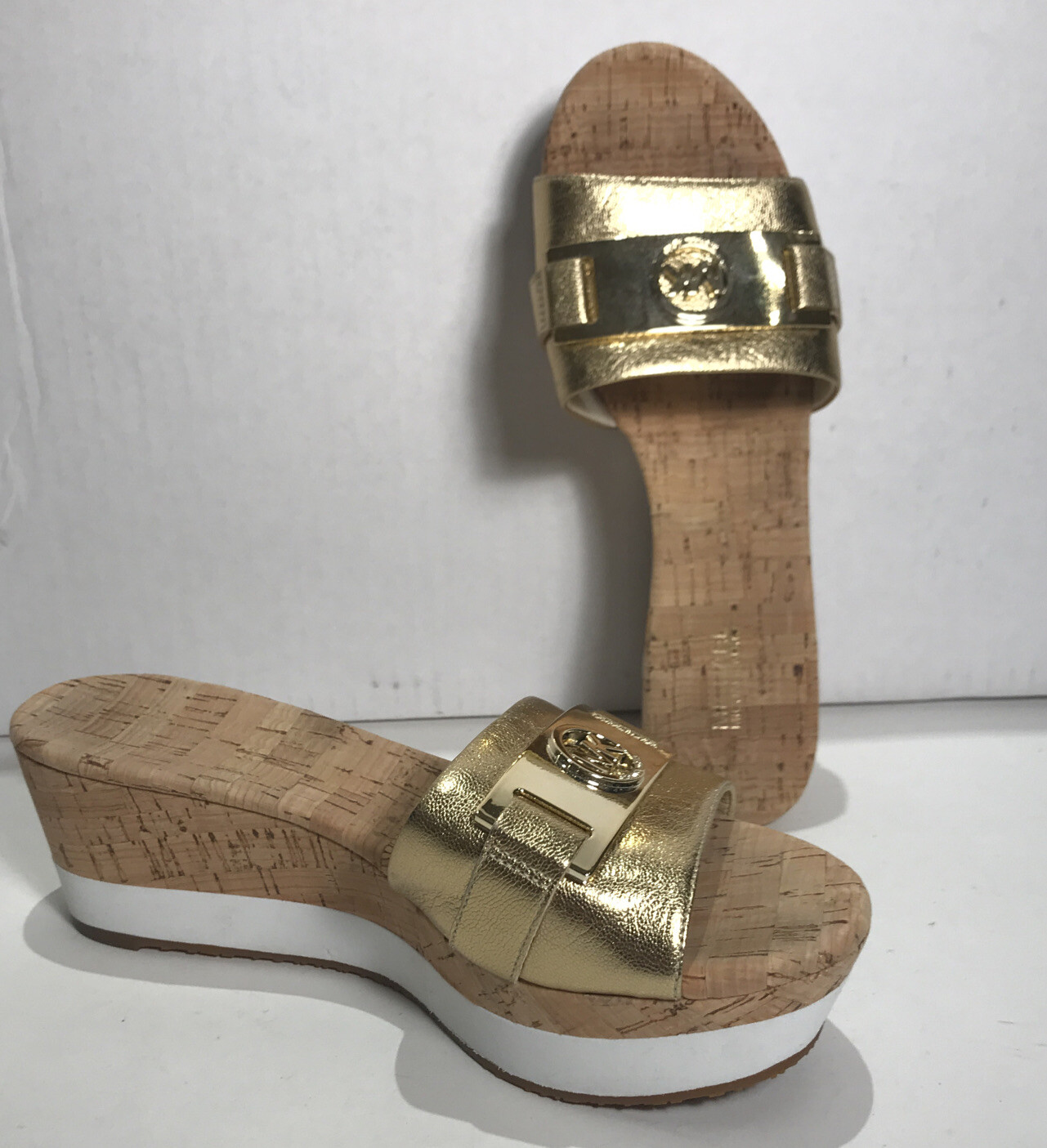 Michael Kors Woman's Gold Metallic Cork Wedge Slides Shoes Sz 7.5M | eBay