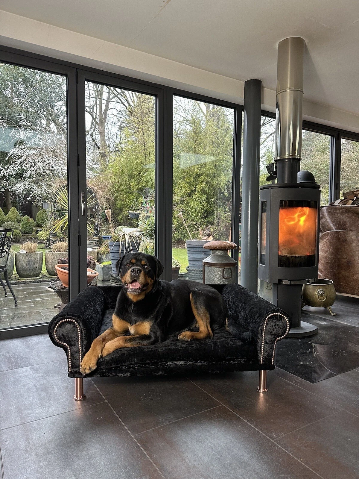 Large black crushed velvet dog lounger sofa bed / washable seat. Pet furniture.