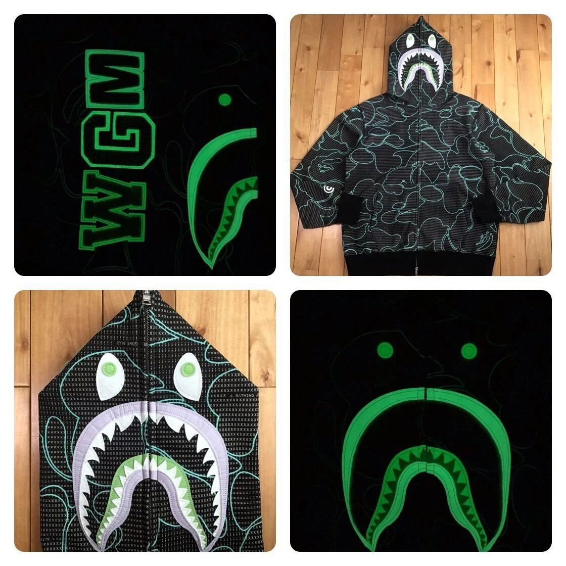 BAPE Glow in the Dark TEXT CODE CAMO Shark full zip hoodie A Bathing Ape Size XL
