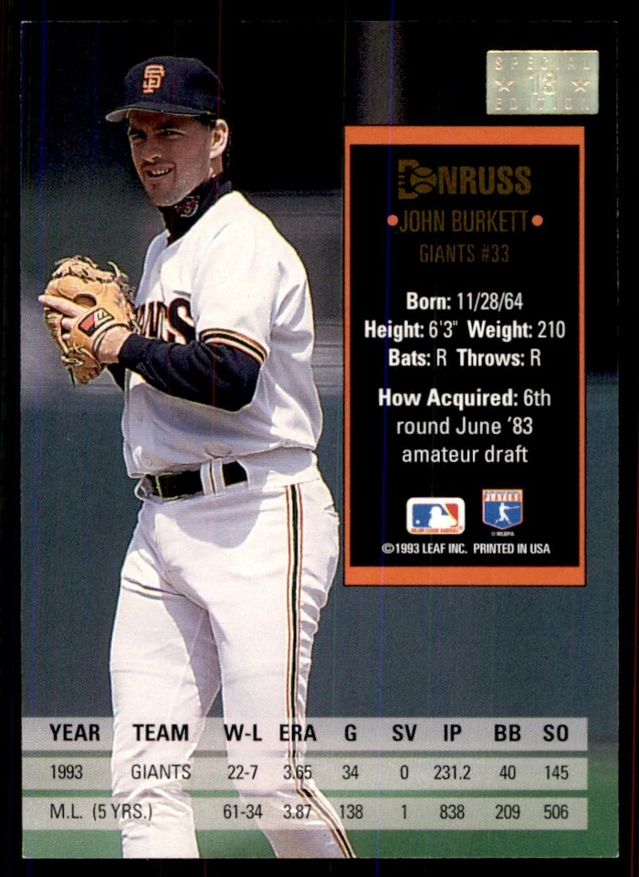 1994 Donruss Special Edition John Burkett #13 - Image 2 of 2