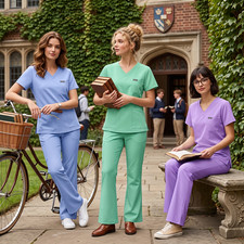 Women Medical Nursing Scrub Uniform Set V-Neck Tops Flare Pants Multi-color
