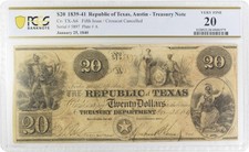 $20 1839-41 Republic of Texas, Austin A6 Crosscut Cancelled VF20 PCGS #310