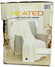 Berkshire Heated Throw Blanket Luxe Faux Fur Plaid..50x60 in...Cream
