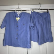 VTG Women s Silk Short Set Sz Medium Button Up Top Elastic Waist Shorts Blue NWT