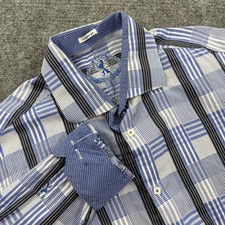 Bugatchi Button Down Shirt Large Blue Plaid Stripe Shaped Fit Flip Cuff Men's