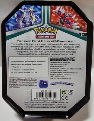 Pokemon Paldea Legends Tin x4 Booster Packs + Koraidon EX Promo