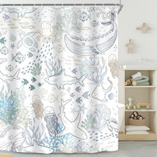 Shark Fish Shower Curtain for Bathroom Decor 72Wx72H Blue Coastal Nautical Oc...