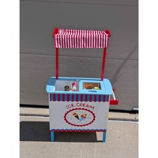 Wooden Pretend Play Ice Cream Stand Cart with Awning  Accessories