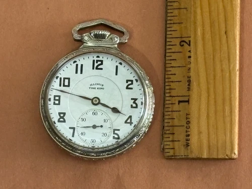 Nice ANTIQUE 1923 ILLINOIS TIME KING 21J POCKET WATCH ART DECO CASE Working Cond