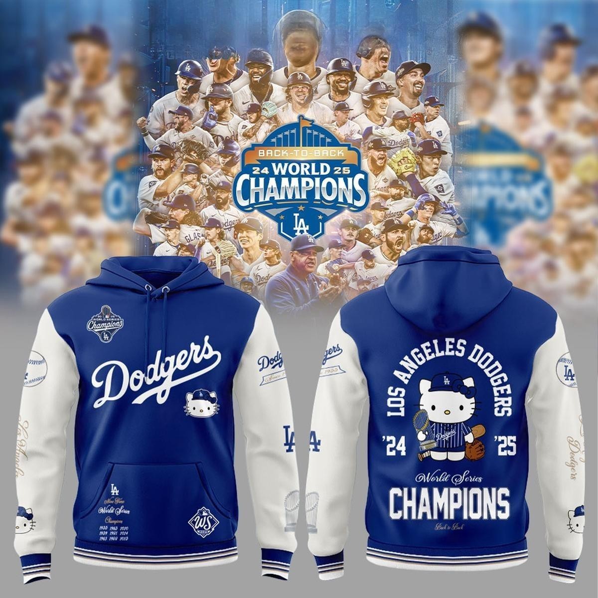 Dodgers x Hello Kitty 2025 World Series Champions Back 2 Back Hoodie Shirt