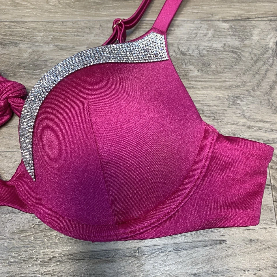 Victoria Secret Satin Rhinestone Sequin Push Up Bikini Swim Top Pink Silver 34 A - Image 2 of 4