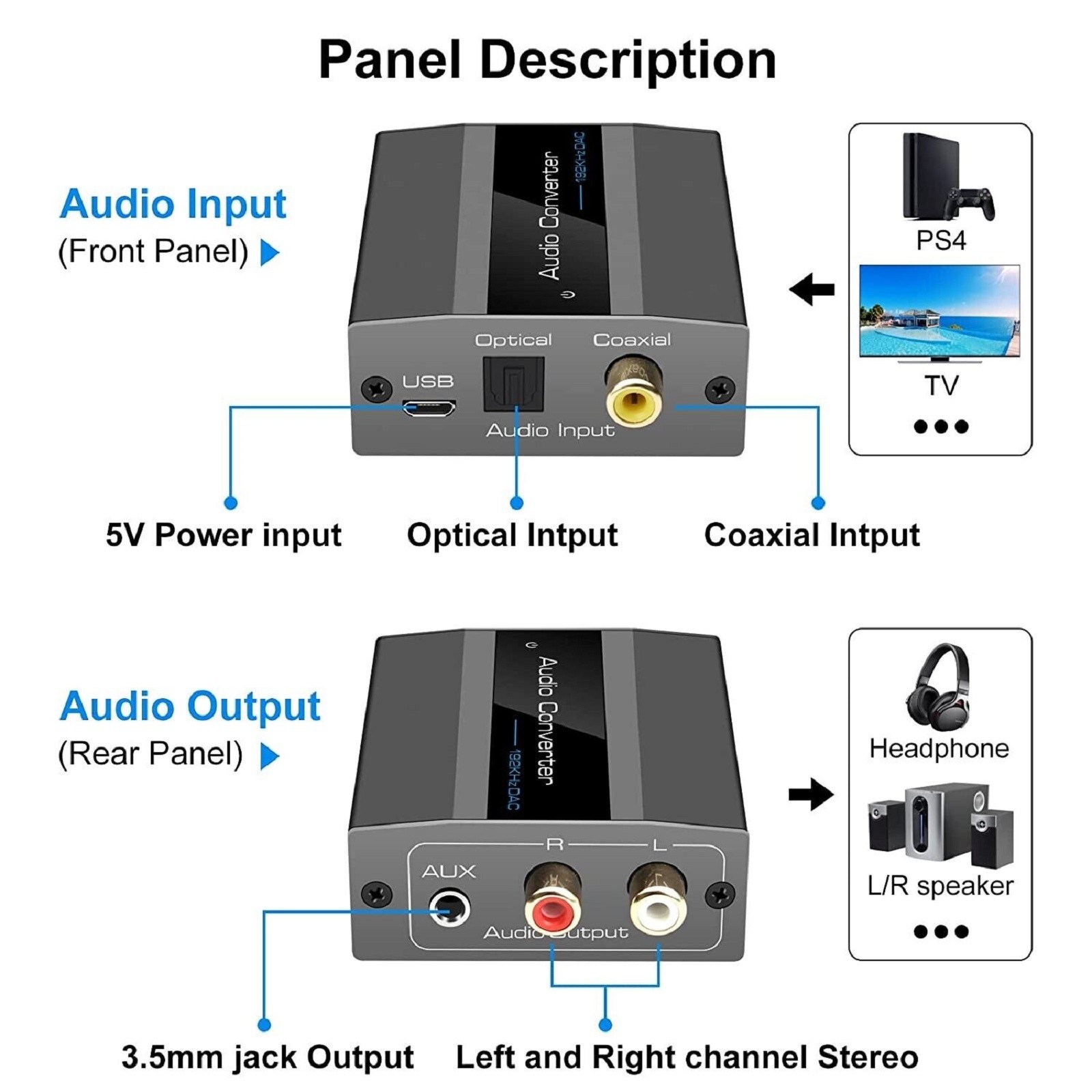 Digital Audio to Analog Audio Converter 192KHz DAC Converter With Jack Optical A