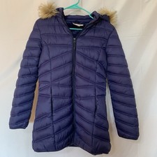 Roosevelt American College Girls Blue Winter Coat Large Hood Faux Fur 28  Long