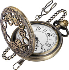 Gear Hollow Pattern White Roman Numeral Scale Quartz Pocket Watches for Men with