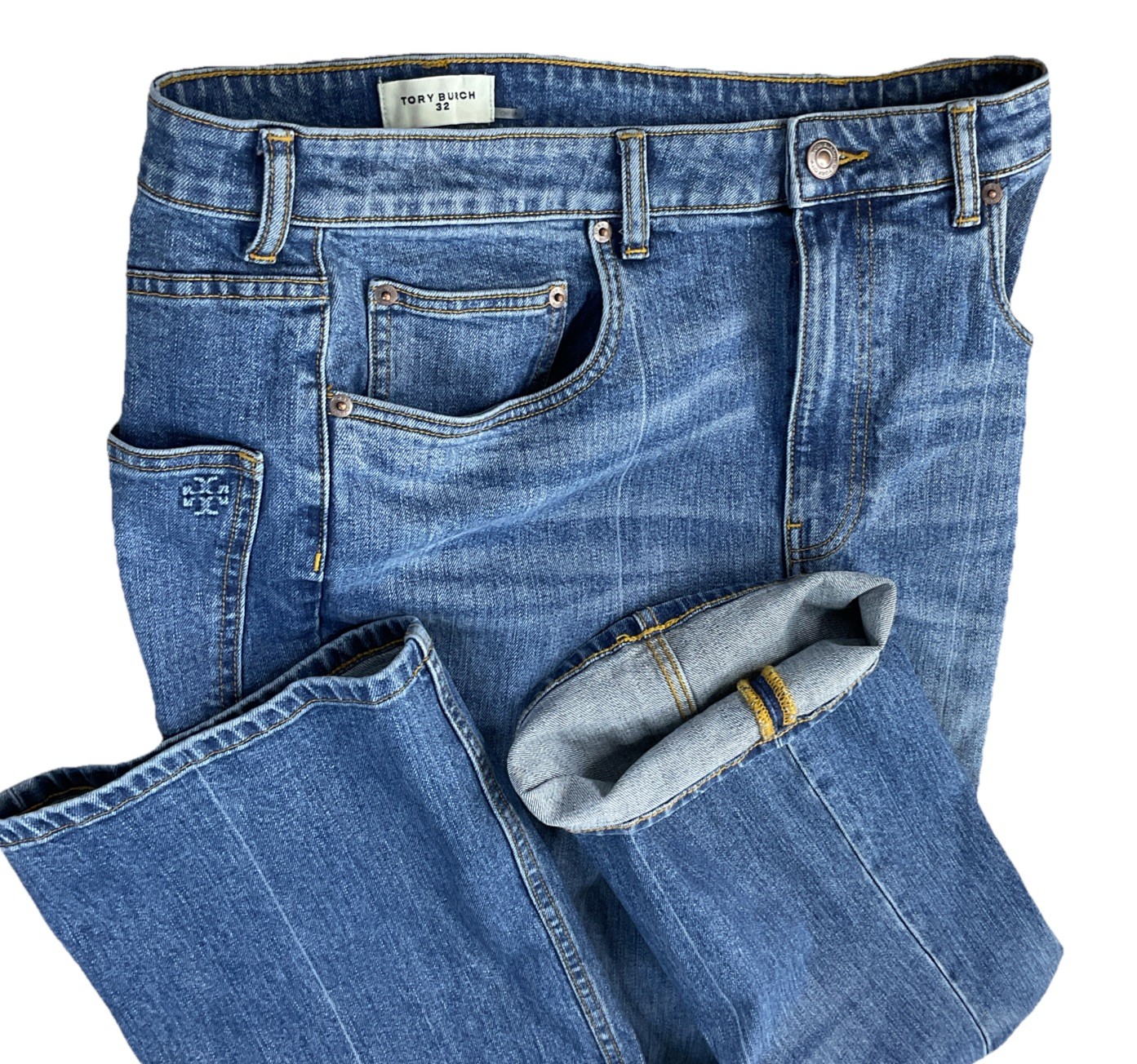 Tory Burch Jeans Cropped Flare Medium Vintage Wash Logo #168287 Women Sz 32 $230