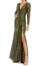 Ieena Mac Duggal 26490 Lng Sleeve Ruched FauxWrap Sequin Gown SZ 4 ($398) Olive