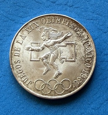 1968 Mexico 25 Pesos Olympic Ley 0.720 Fine Silver Coin - Nice Condition