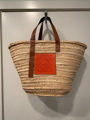 Loewe Paula's Ibiza Large Basket Tote Raffia Palm Leather Orange Anagram Spain
