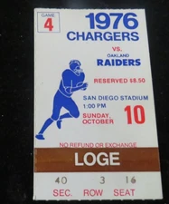 OCT.10,1976 LOS ANGELES RADIERS VS. SAN DIEGO CHARGERS GAME STUB  TICKET