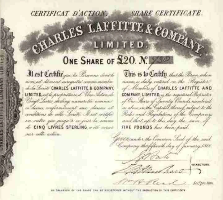 Charles Laffitte & Company Limited 1866 London Paris Rothschild Pergamentpapier - Bild 1 von 1