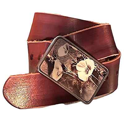 FluffyCo Hand Tooled Red Brown Leather Belt With Pansy Photo  display picture 2