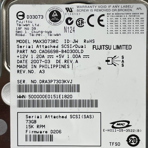 Fujitsu MAX3073RC 73GB 3.5" SAS HDD 3gbps 15K RPM 8MB Cache CA06698-B40300LD - Picture 2 of 5