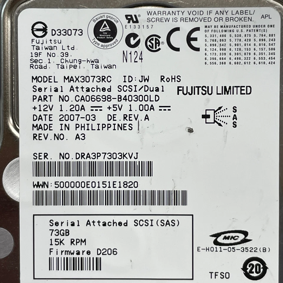 Fujitsu MAX3073RC 73GB 3.5" SAS HDD 3gbps 15K RPM 8MB Cache CA06698-B40300LD - Image 2 of 4