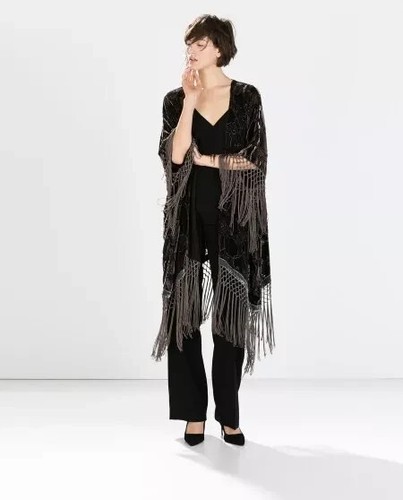 ❤️ZARA GELSO SETA VELLUTO PONCHO FRANGE VINTAGE KIMONO GIACCA CAFTANO M - Foto 8 di 22