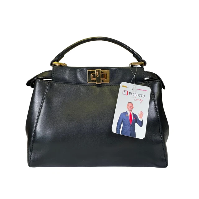 Fendi Peek A Boo Mini Black Lambskin Top Handle Gold Plated Turn Lock 2 Way Purs