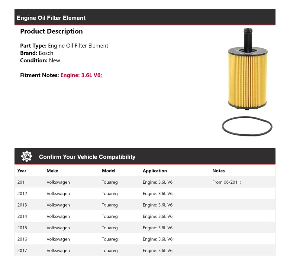 Elemento filtro aceite motor Bosch 2012 para Volkswagen Touareg 2011-2017 3,6 L V6 Foto 2 de 3
