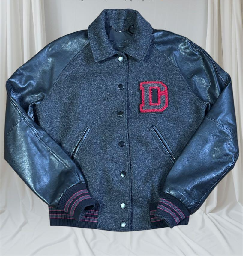 Diesel Genuine Leather Stadium Jacket Gray Black with Logo
