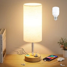 Touch Bedside Table Lamp with USB - 3 Way Dimmable Wood Lamp for Bedroom Nigh...