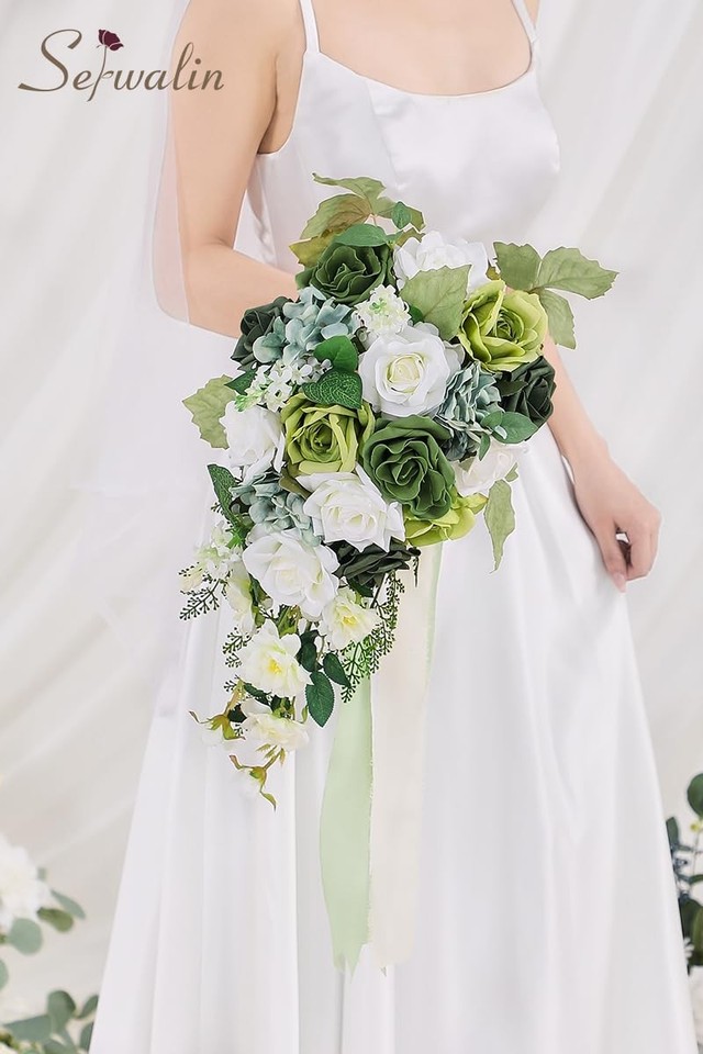 Serwalin 9.8 Inch Spring Green Rose Wedding Bouquets for Bride ...