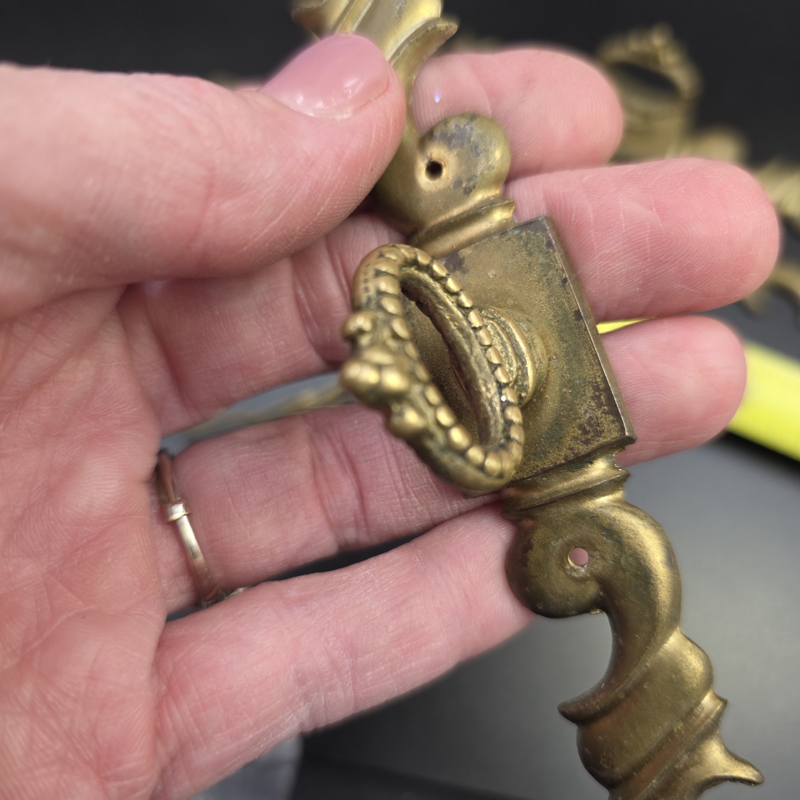 Vintage Ornate Brass Drawer Pulls Set of 3 ~ 7.75" Escutcheon Plates Ring Handle